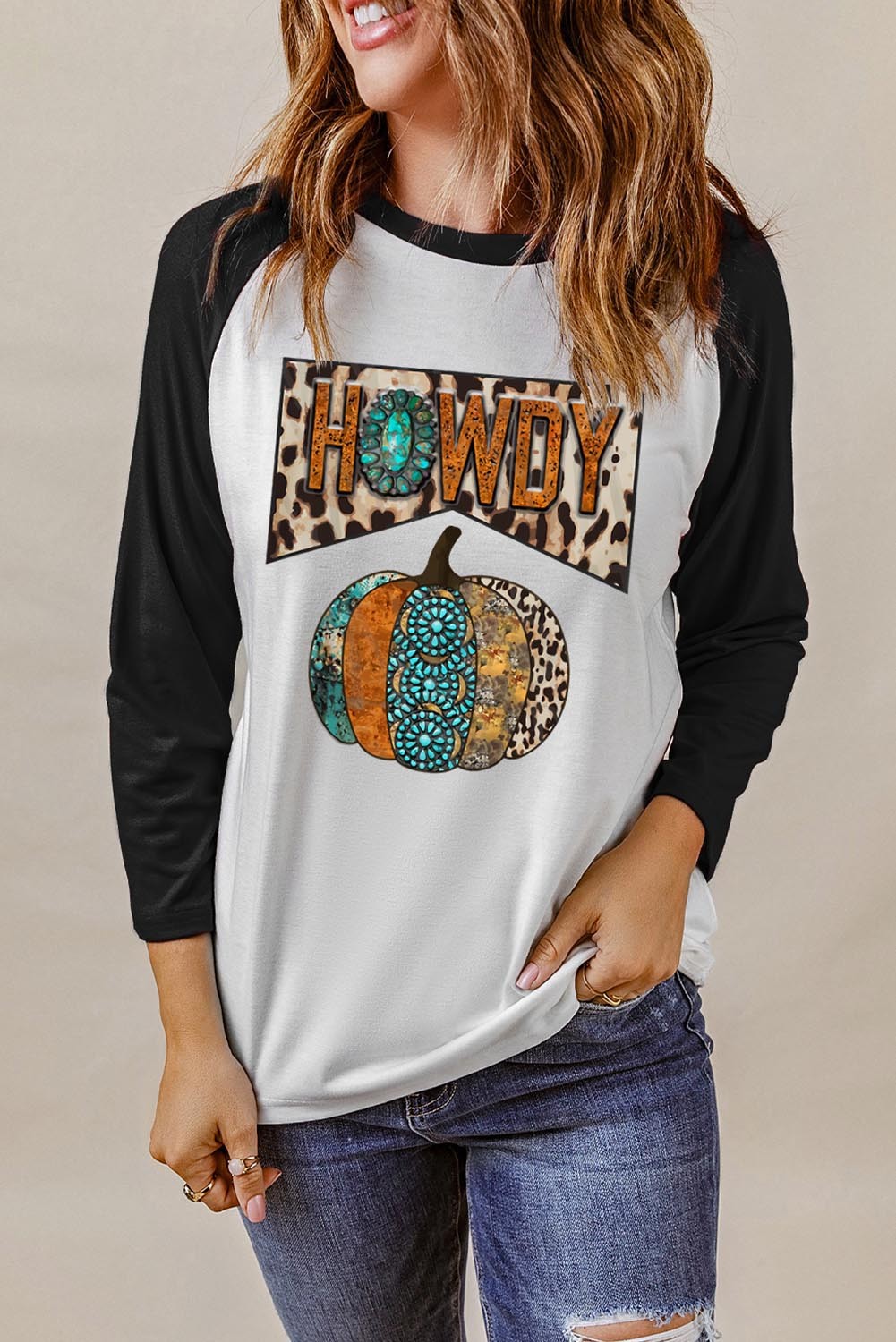 Black HOWDY Turquoise Pumpkin Print Graphic Raglan Sleeve Shirt