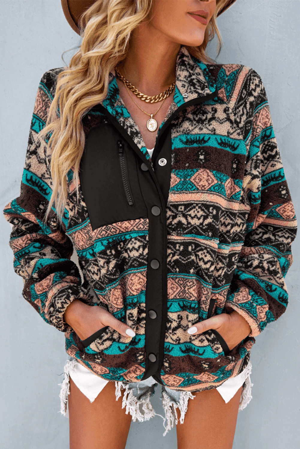Black Geometric Colorblock Colorblock Snap Button Sherpa Jacket