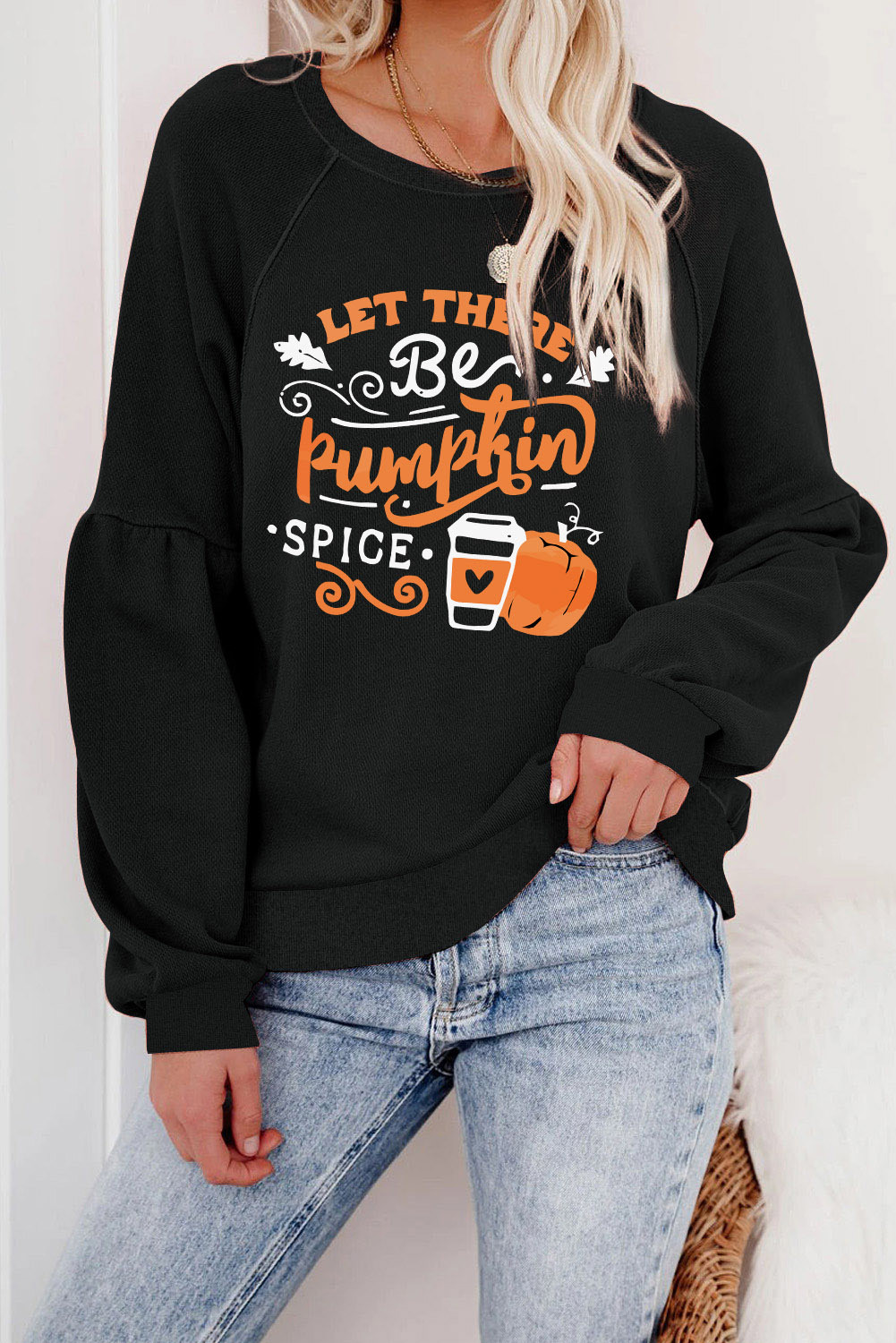 Black Letter Print Pumpkin Graphic Crewneck Pullover Sweatshirt