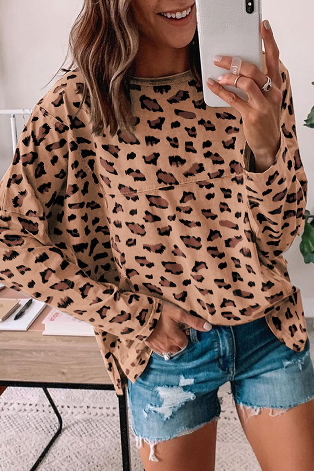 Shewin Wholesale WESTERN Brown Leopard Stitching Loose Long Sleeve Top