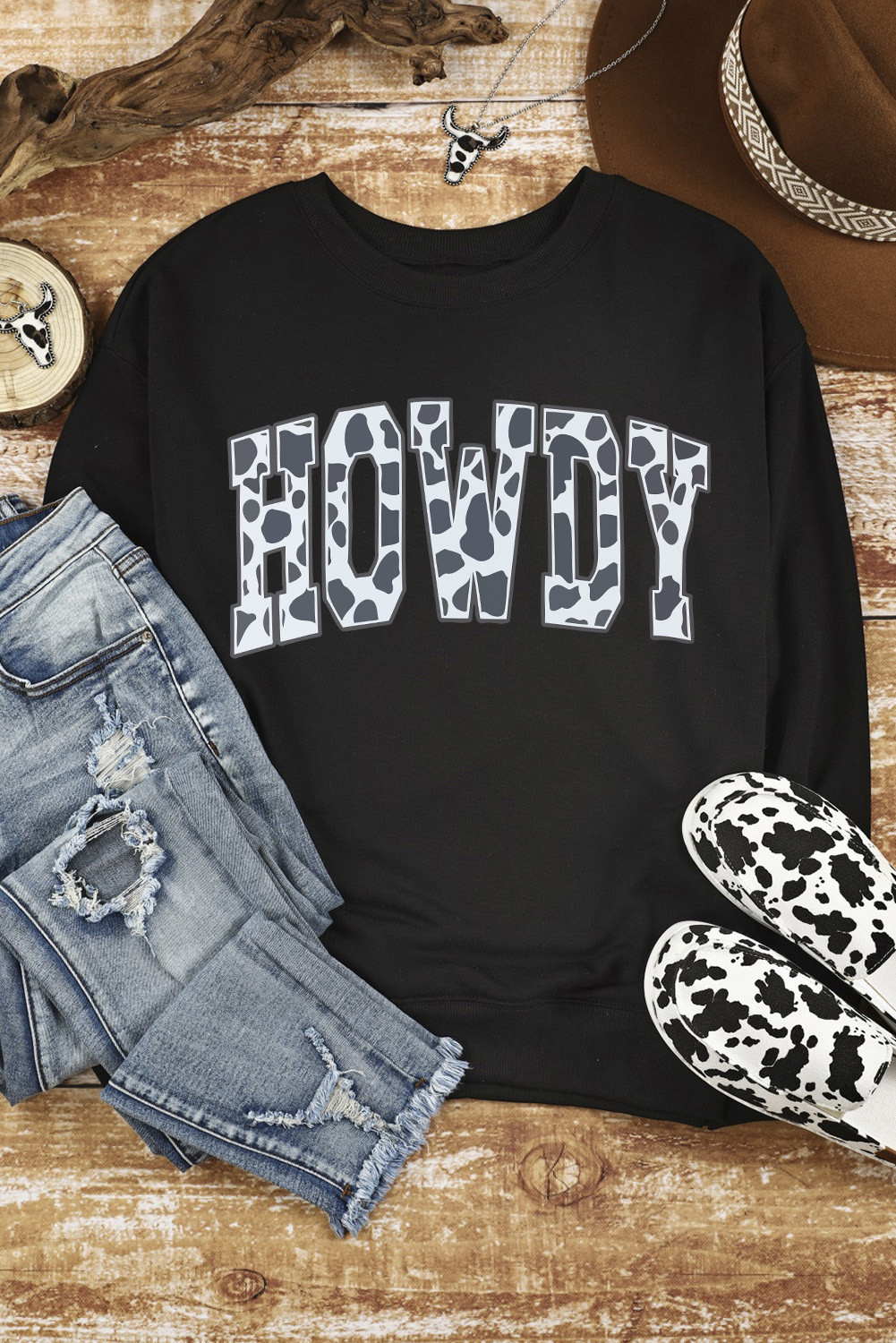 Black Animal HOWDY Letter Print Graphic Pullover Sweatshirt