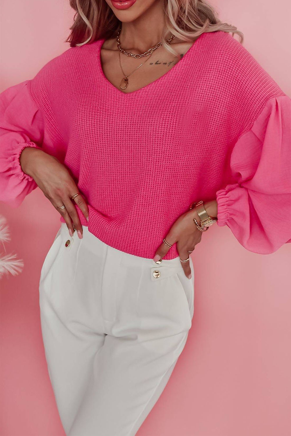 Rose Long Balloon Sleeve Splicing V Neck Textured Top