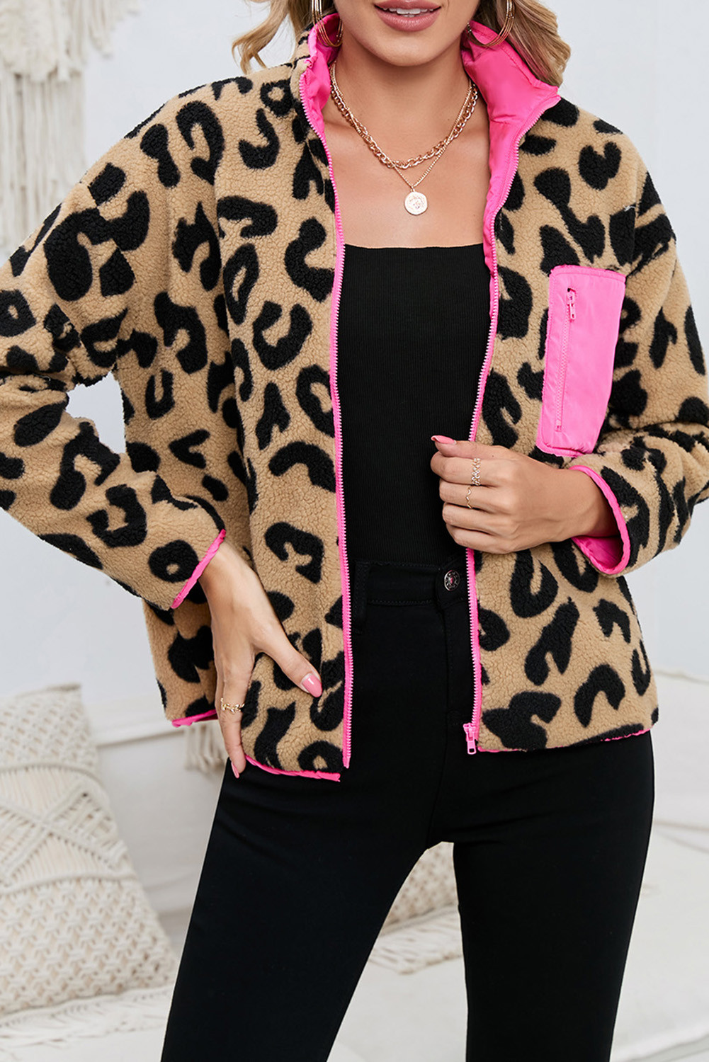 Leopard Colorblock Pocket Zipper Fuzzy Fleece Jacket