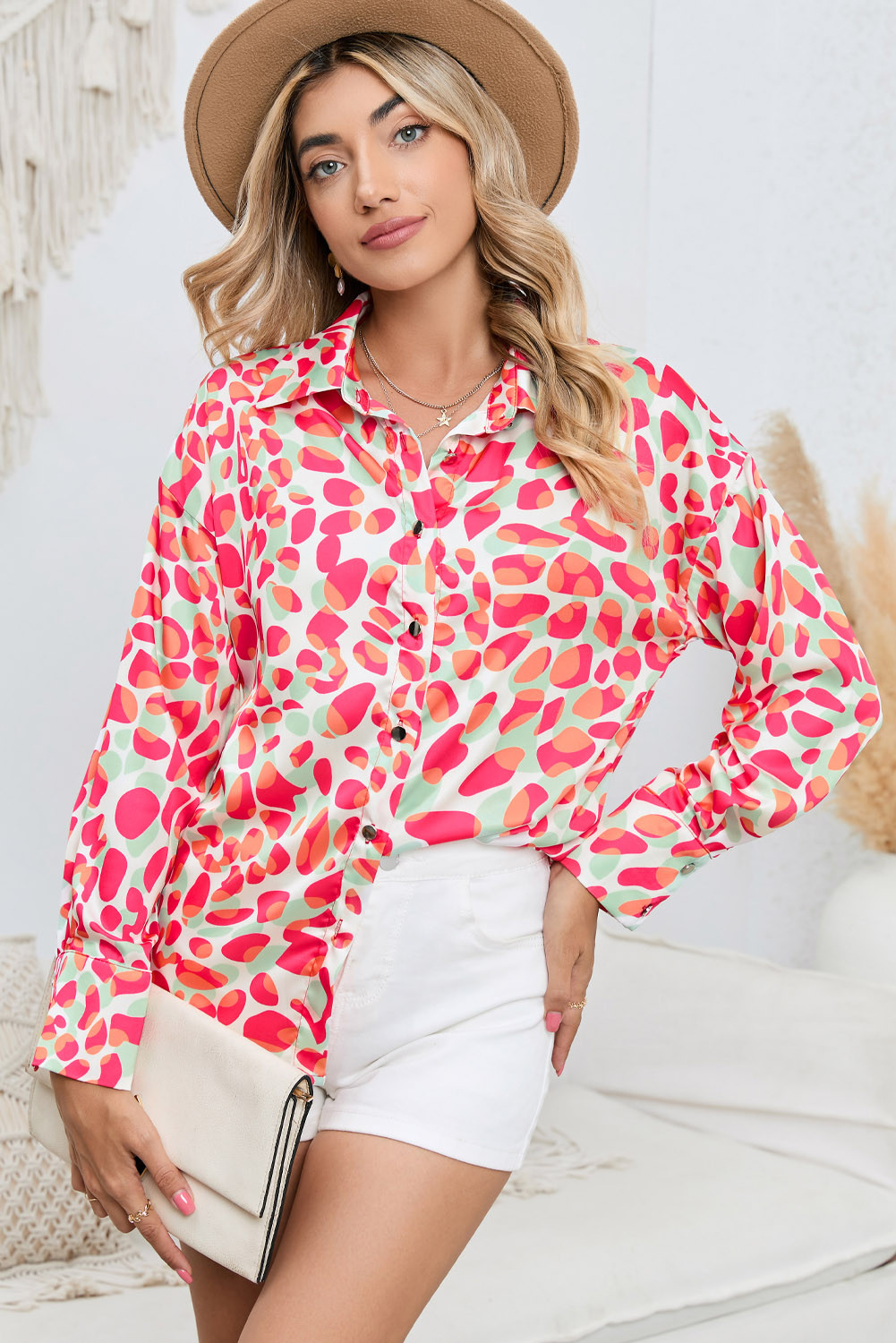 Red Abstract Print Long Sleeve Button Down Shirt