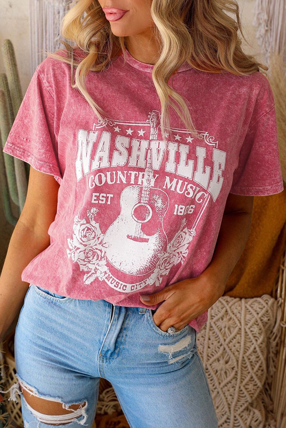 Shewin Wholesale Boutique Red Nashville Rock Band T Shirt VINTAGE Washed Tee