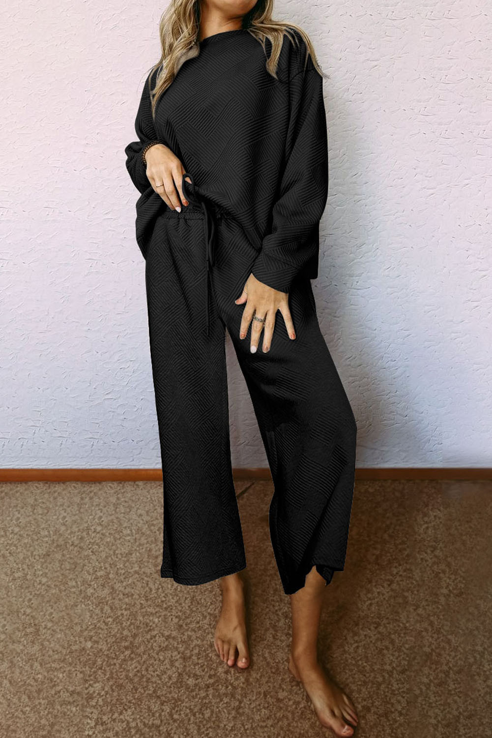 Black Textured Loose Slouchy Long Sleeve Top and Pants Set