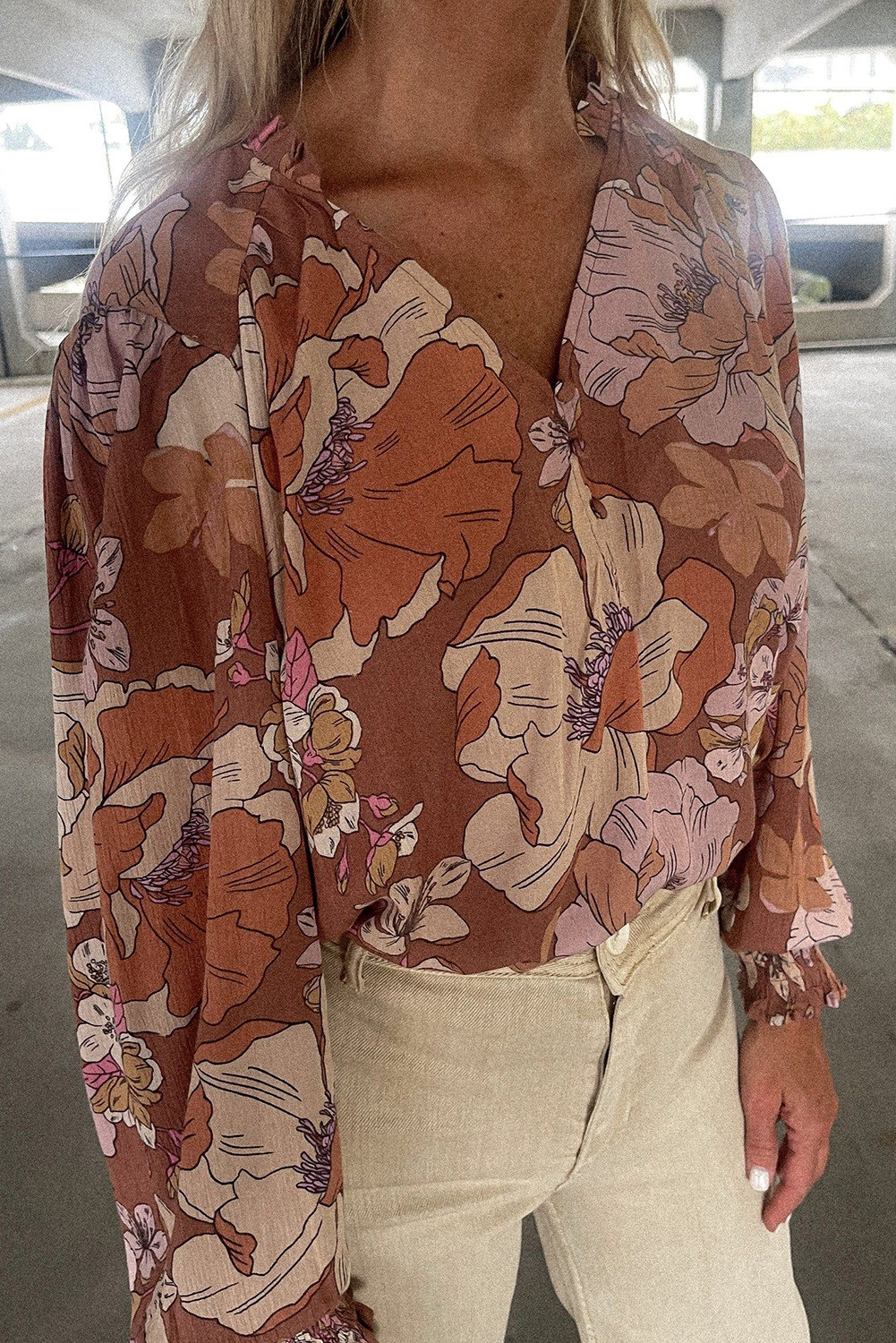 Brown Floral Print Puff Sleeve Frilled Boho Blouse