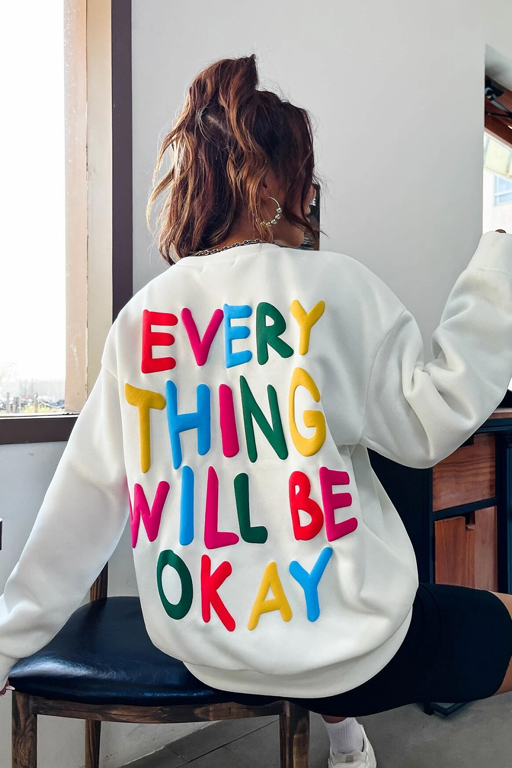 Shewin Wholesale WESTERN Boutique White Everything Will Be Okay Letter Print Sweatshirt