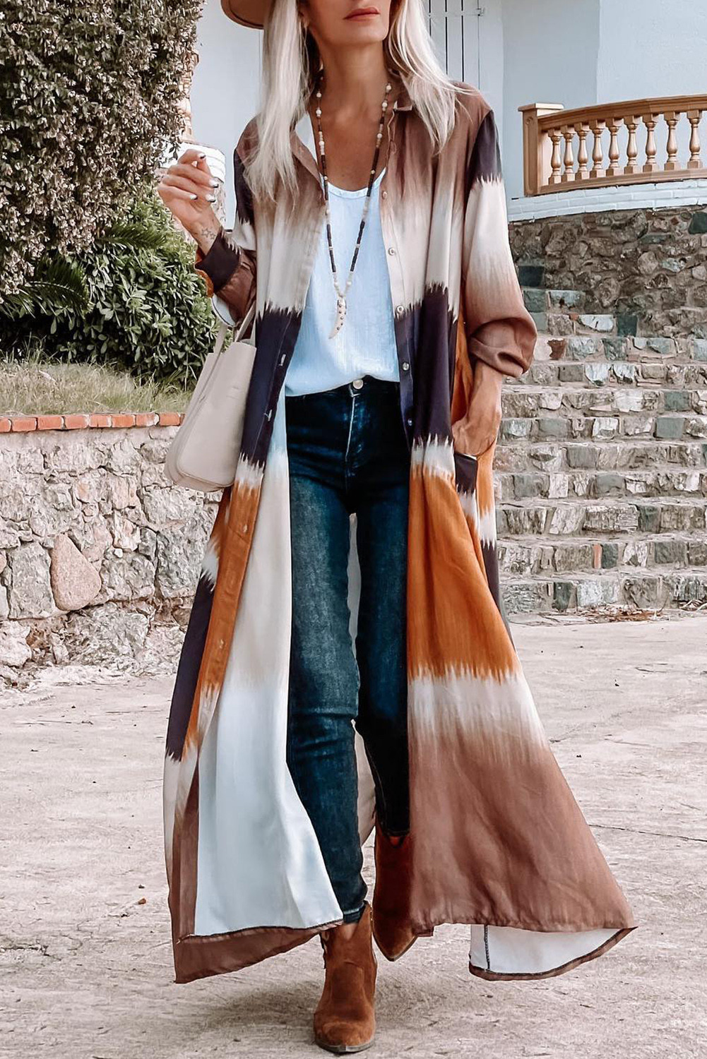 Multicolor Tie Dye Colorblock Button Down Long Kimono