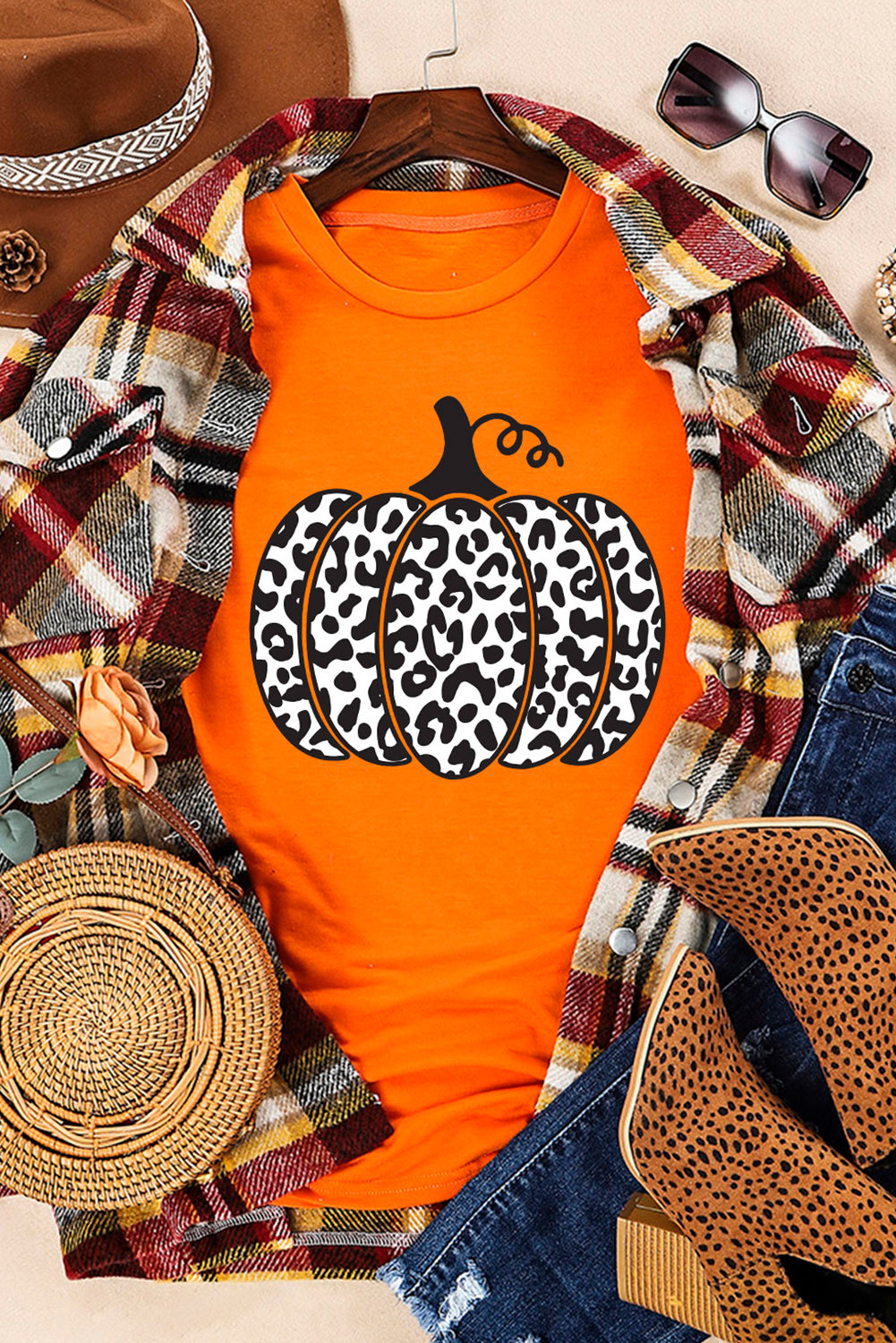 Orange Leopard Pumpkin Round Neck Graphic Tee