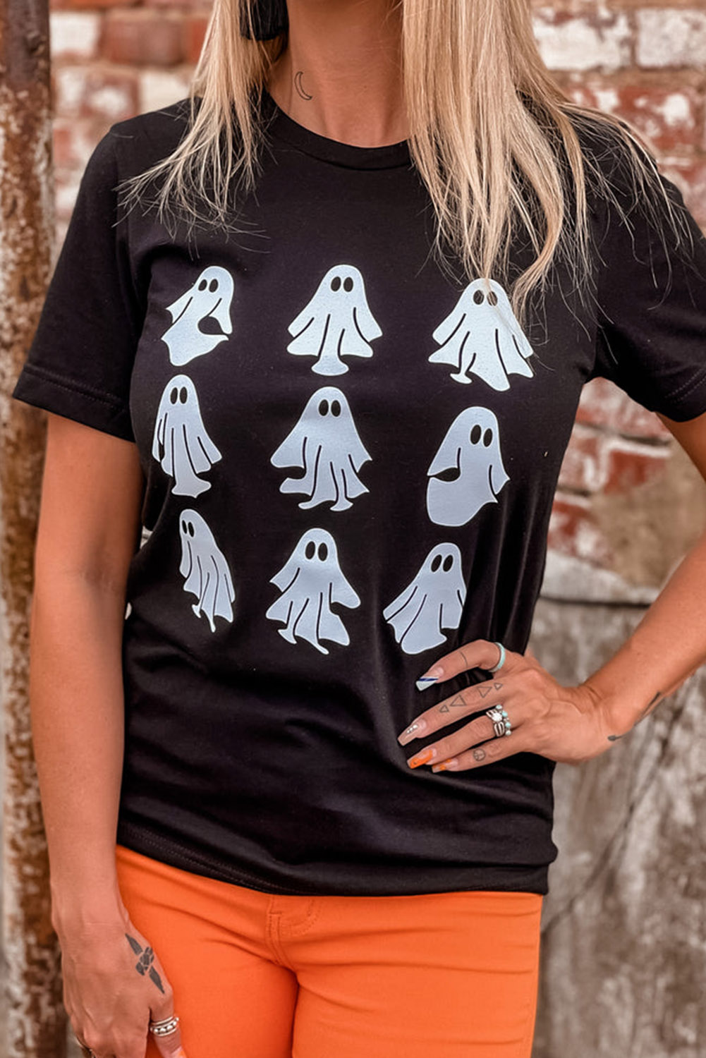 Shewin Wholesale Black HALLOWEEN Ghost Round Neck Graphic Tee