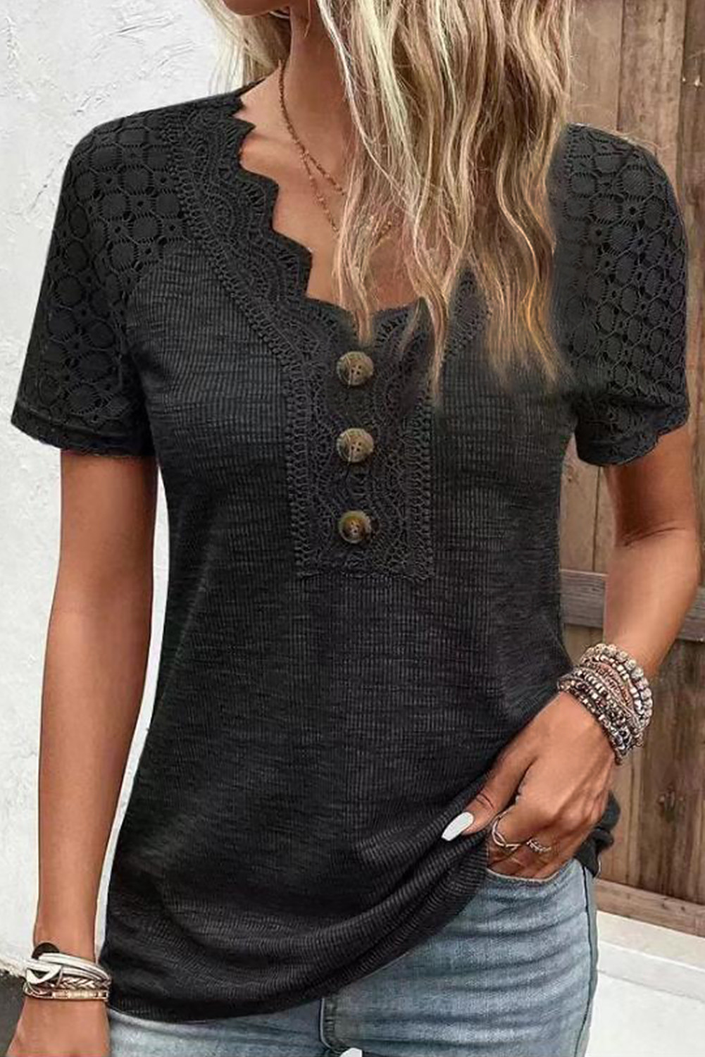 Black Solid Lace Sleeve Button V Neck T Shirt