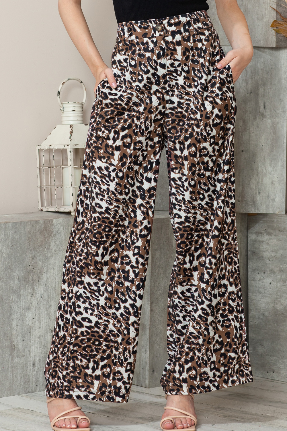 Leopard Print Casual High Waist Wide Leg Pants