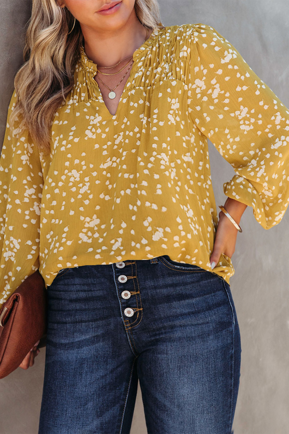 Yellow Printed Split Neck Shirred Bubble Sleeve Blouse