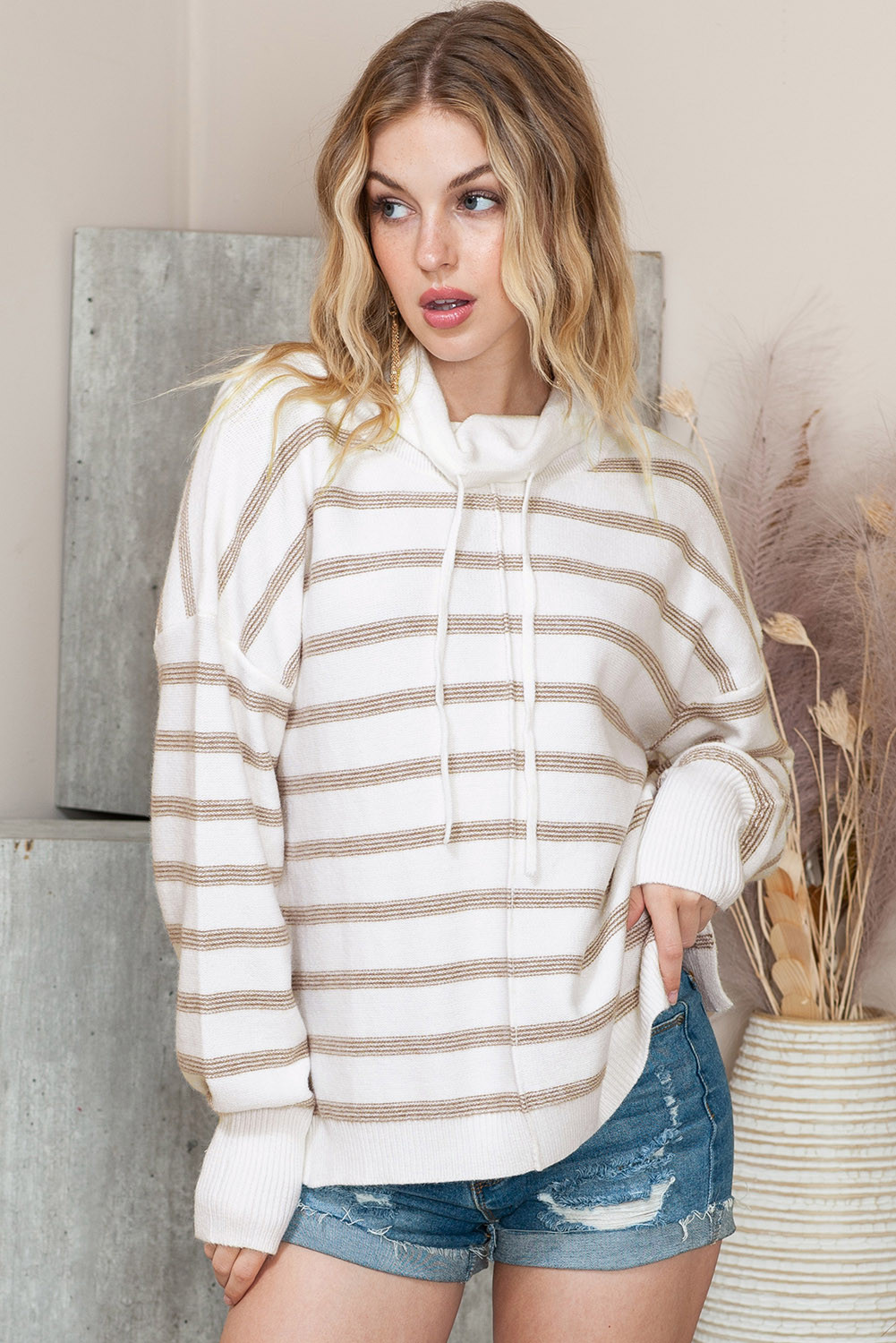 Stripe Casual Stand Neck Long Sleeve Sweater