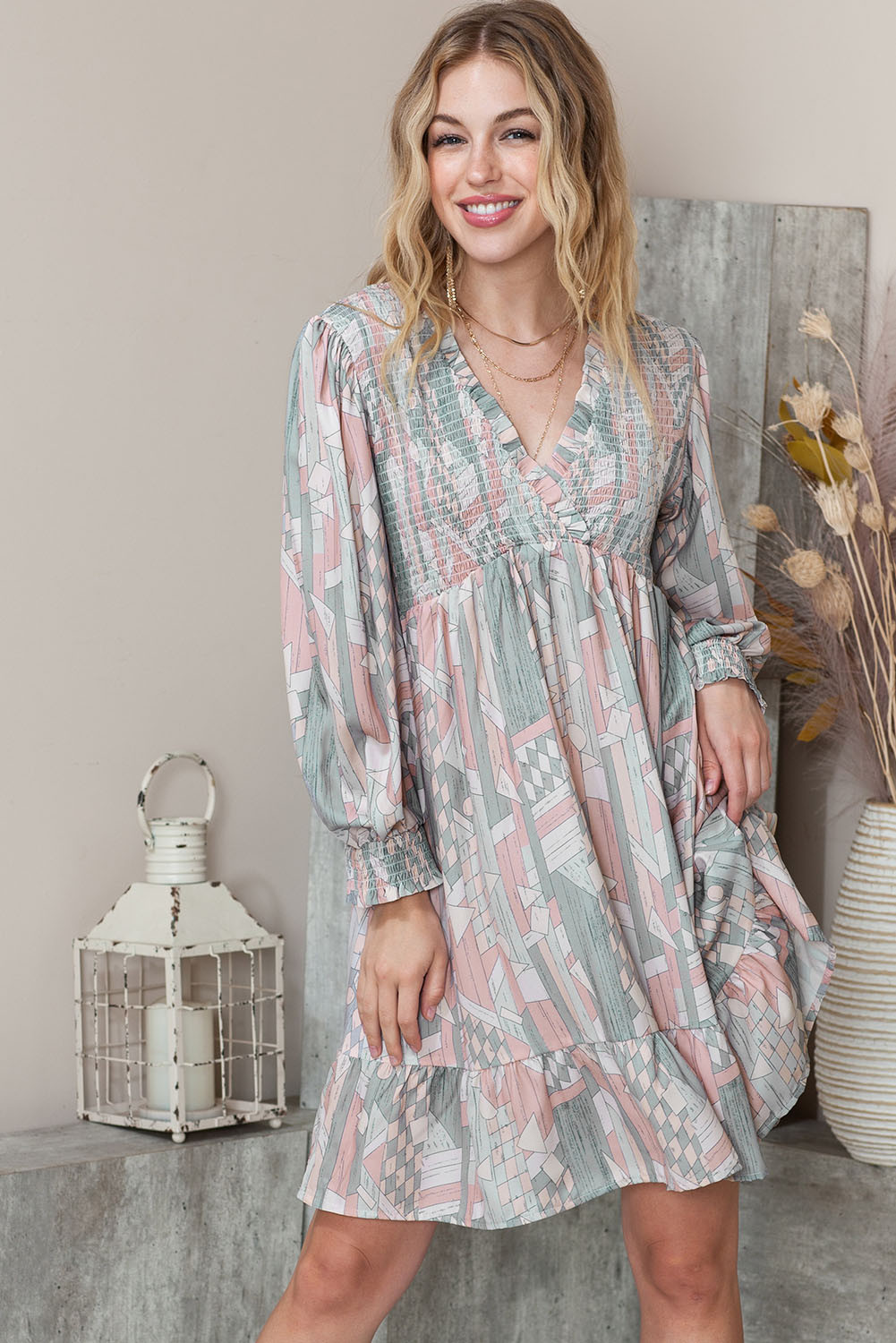 Multicolor Abstract Print Bishop Sleeve Smocked V Neck Dress