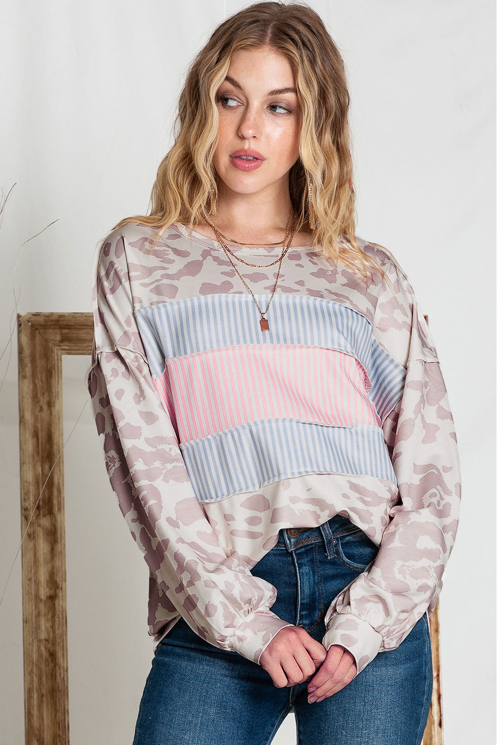 Leopard Animal Print Stripes Patchwork Puff Sleeve Knit Top