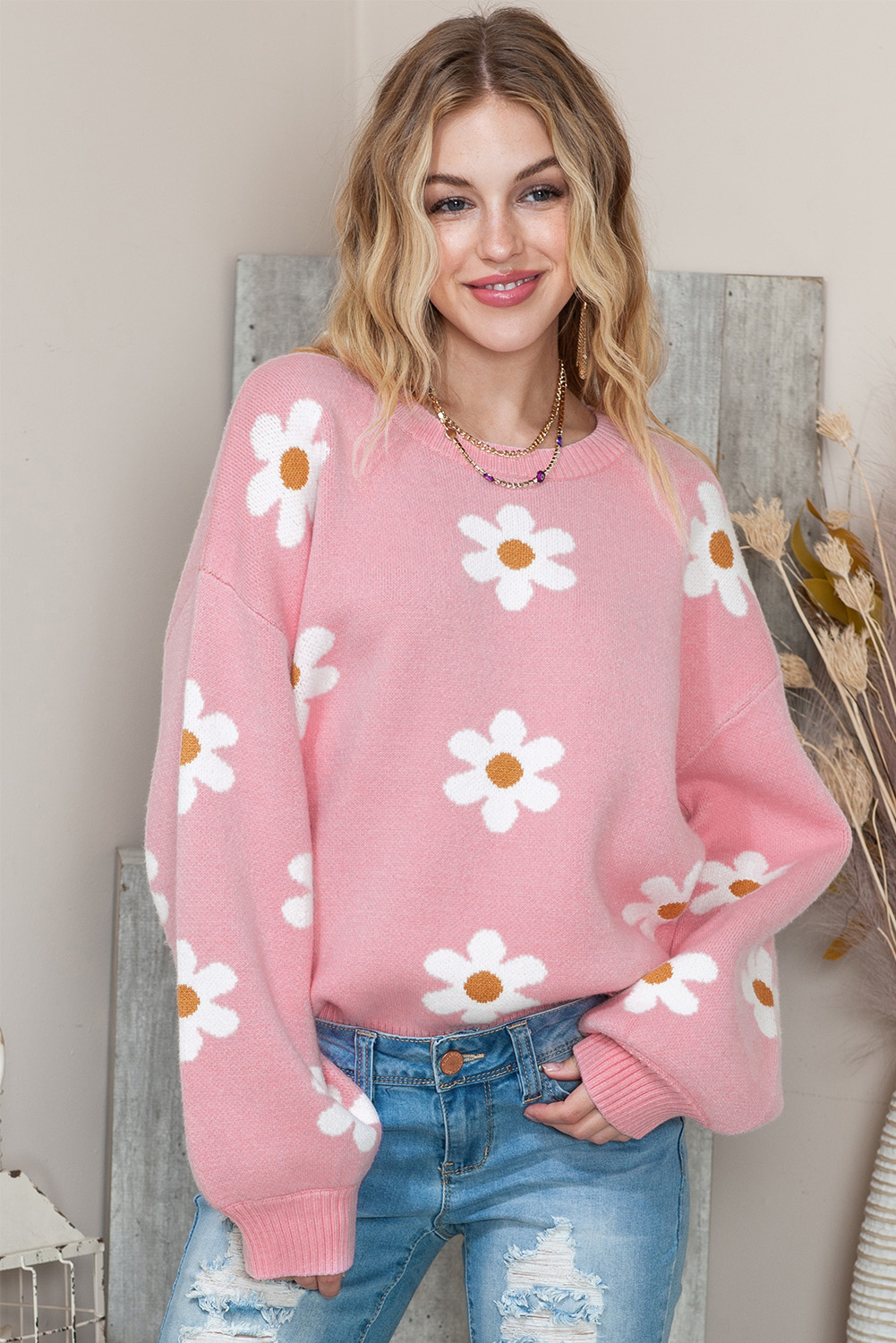 Shewin Wholesale Apparel Suppliers Pink Floral Pattern Drop Shoulder Pullover Knit SWEATER