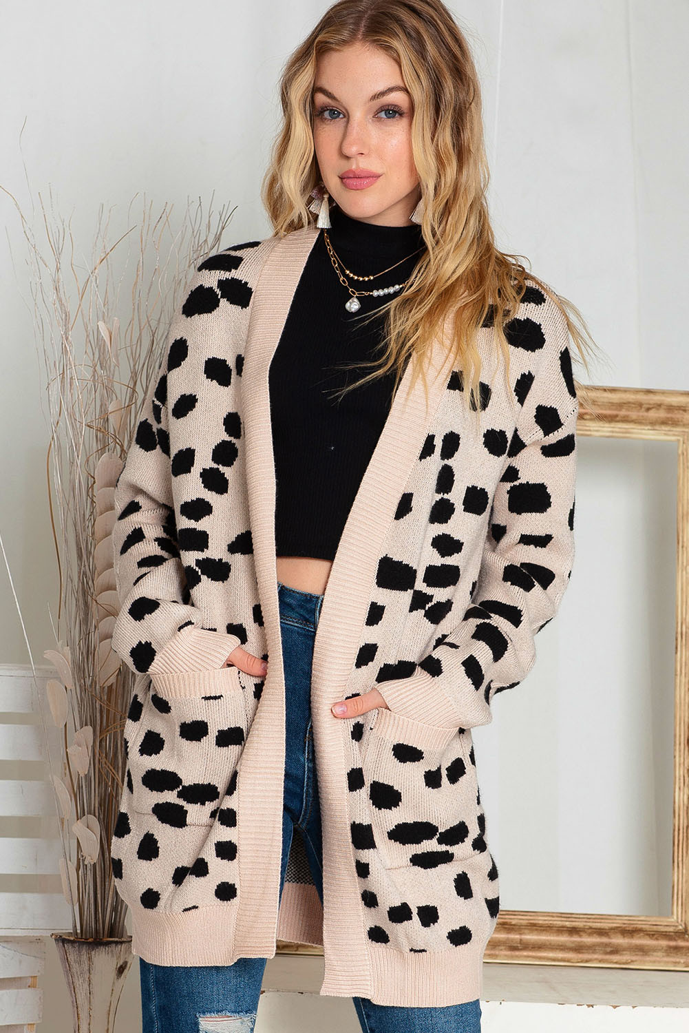 Animal Print Open Front Cardigan Sweater with Pockets