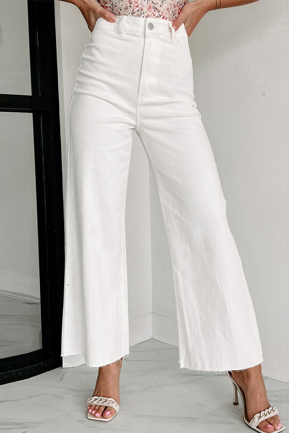 Shewin Wholesale Western Boutique White Solid Raw Hem Wide Leg Crop JEANS