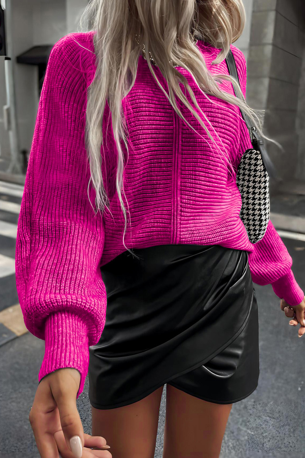 Rose Solid Color Bishop Sleeve Chunky Knit Sweater