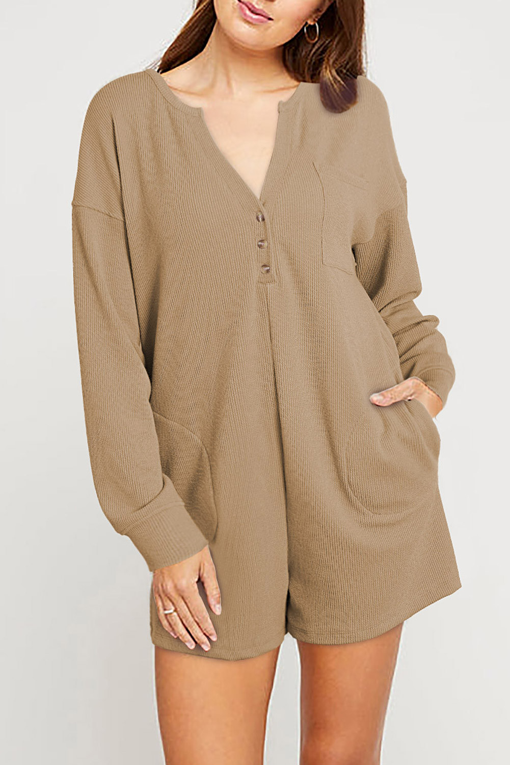 Khaki Casual Henley Button V Neck Pocketed Romper