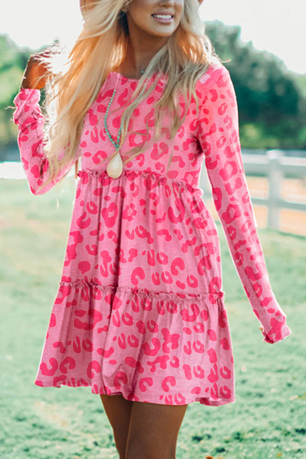 Leopard Print Frill Tiered Swing Mini Dress