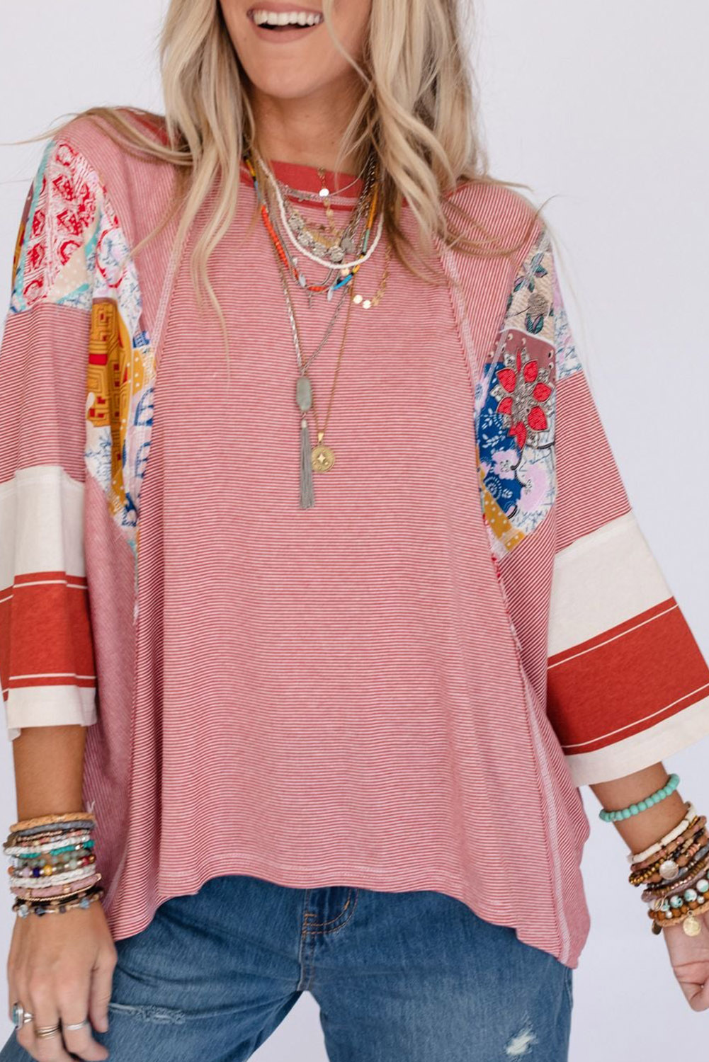 Shewin Wholesale Western Clothing  Red Striped and Floral Color Block Patchwork Oversize Top