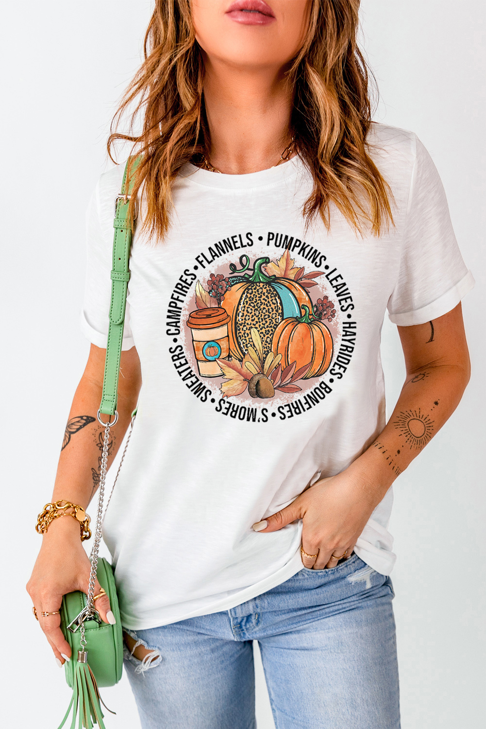Shewin Wholesale White Pumpkin Crewneck HALLOWEEN Graphic T Shirt