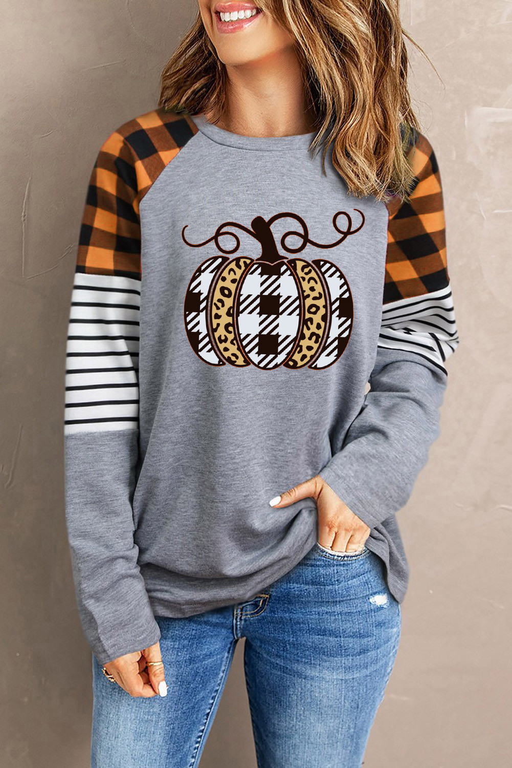 Orange Pumpkin Plaid Striped Graphic Long Sleeve Top