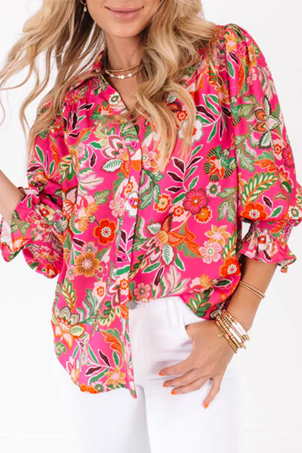 Shewin Wholesale WESTERN Clothing  Pink Floral Print Puff Sleeve Shirred Cuffs Boho Shirt