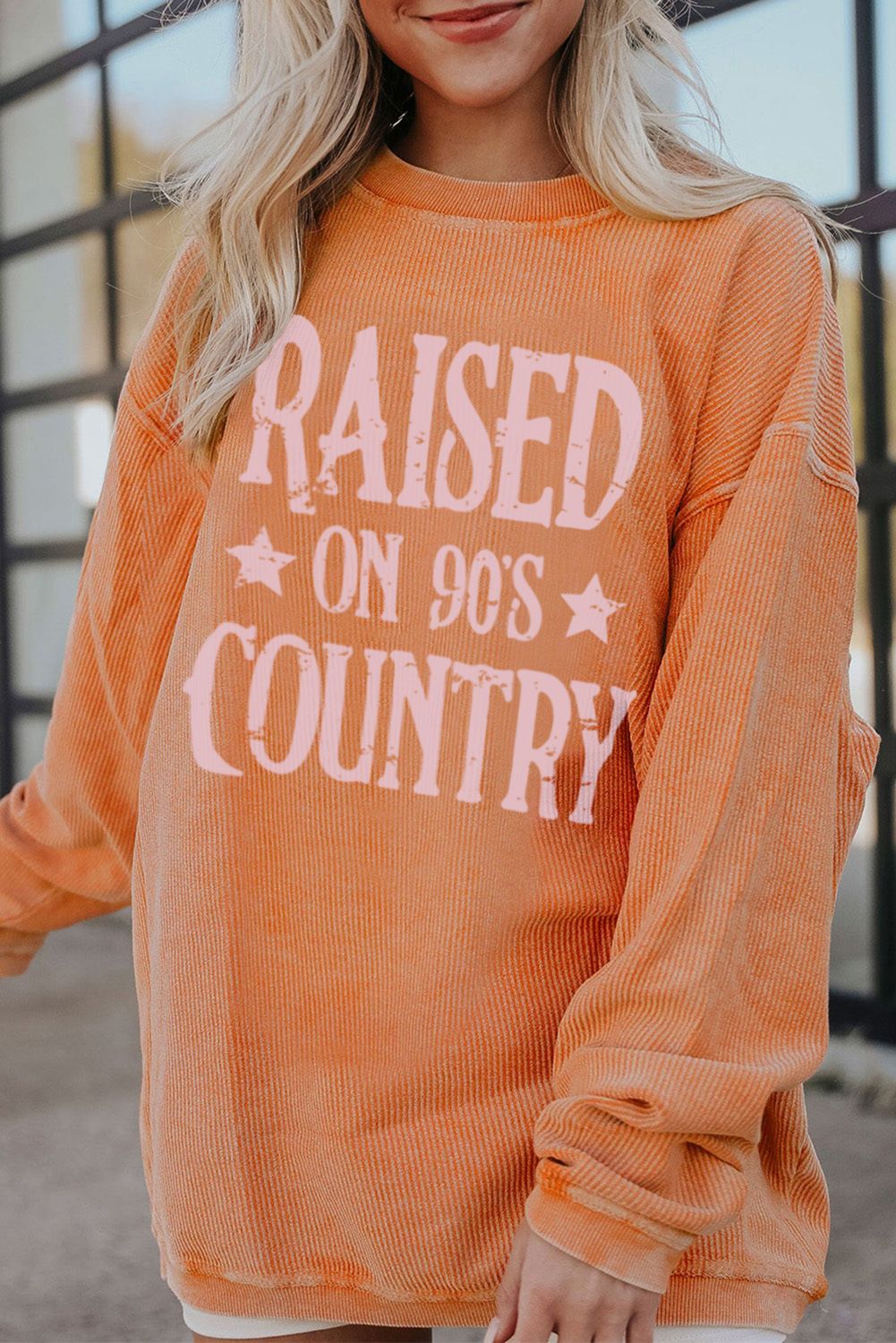 Orange Letter Print Ribbed Casual Graphic Oversized Sweatshirt
