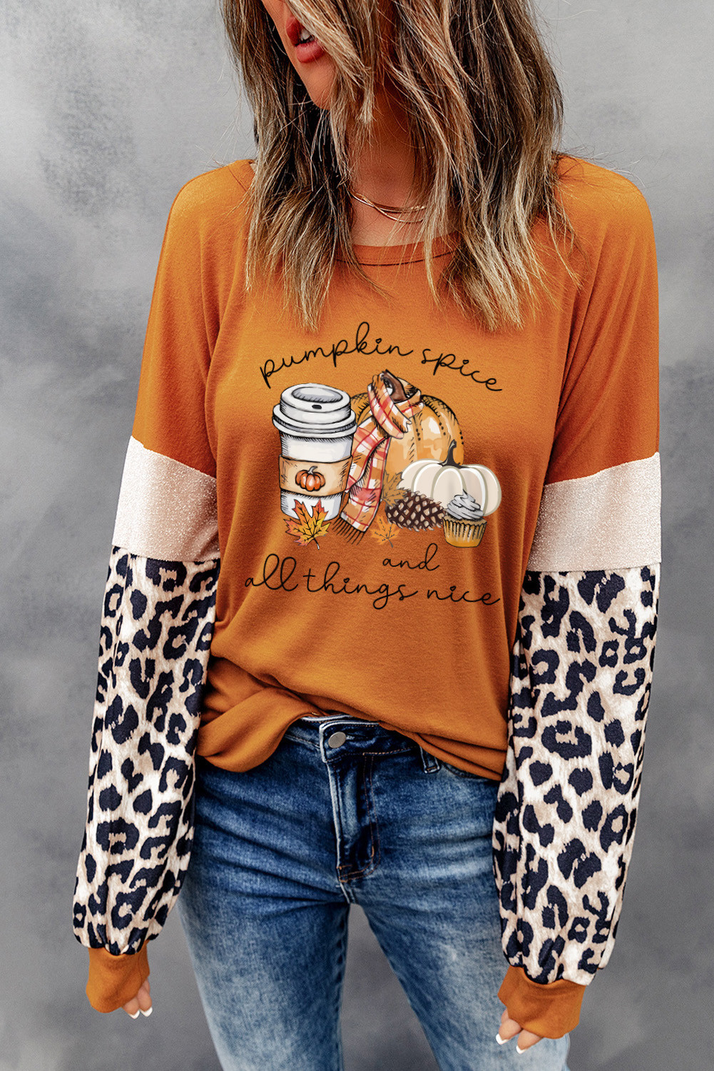 Brown Pumpkin Spice Graphic Print Leopard Color Block Top