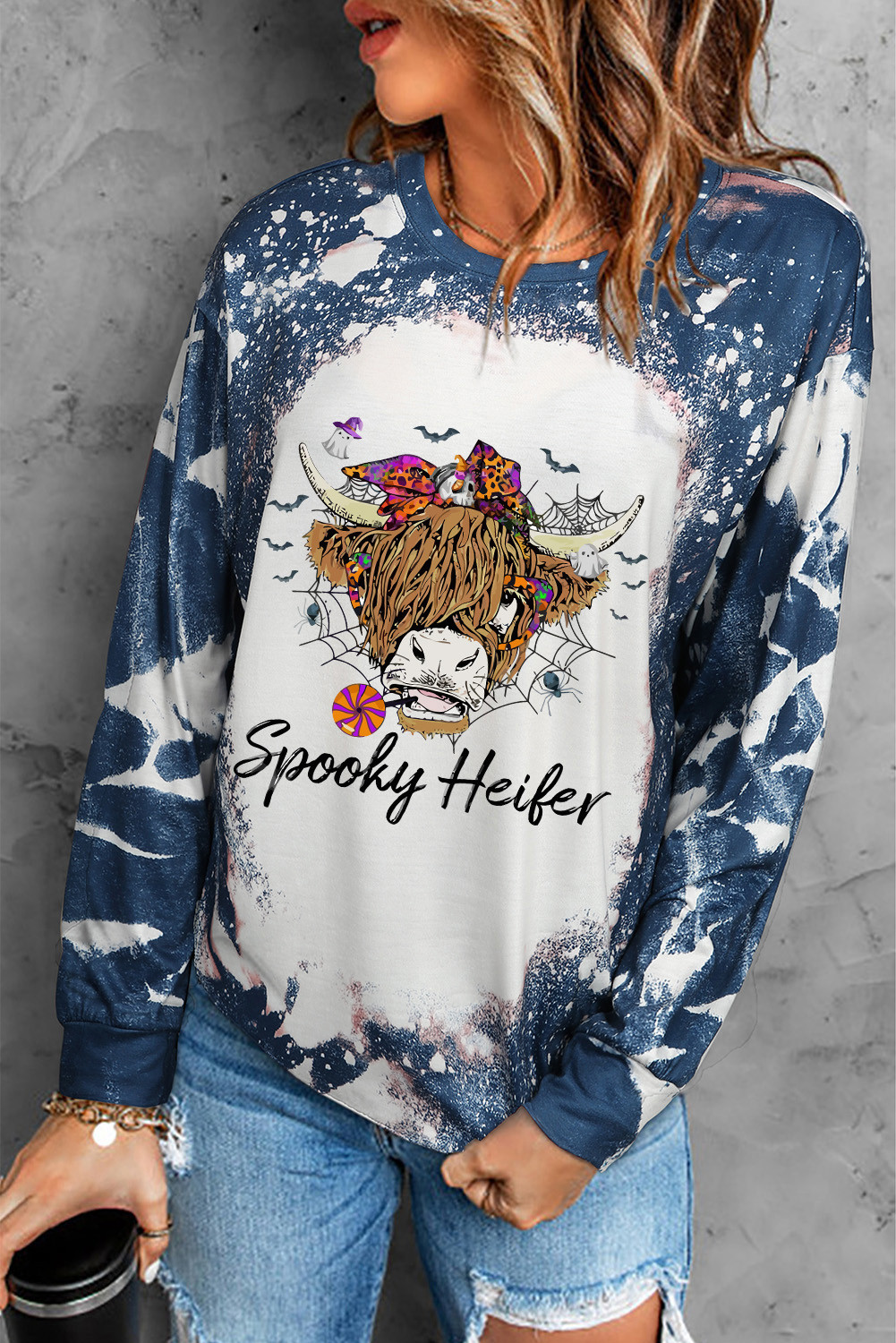 Multicolor Halloween Spooky Heifer Graphic Bleached Tie Dye Top