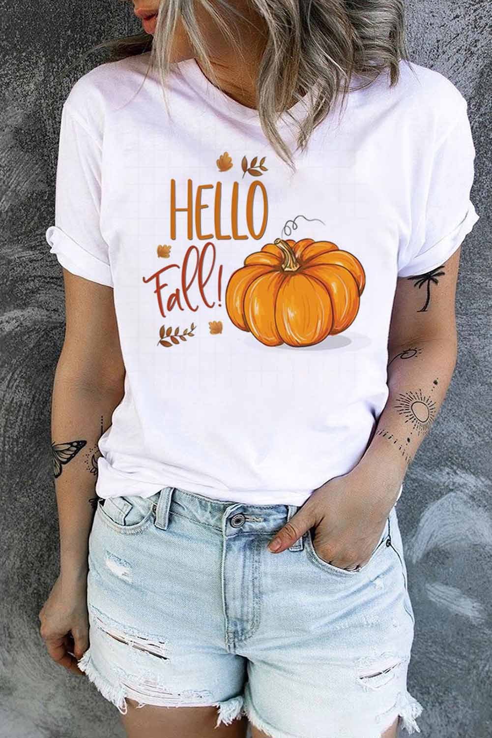 White HELLO Fall Pumpkin Print Graphic Tee