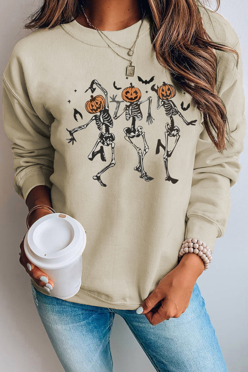 Shewin Wholesale Western Clothing  Khaki Skeleton Pumpkin Graphic Pullover SWEATSHIRT