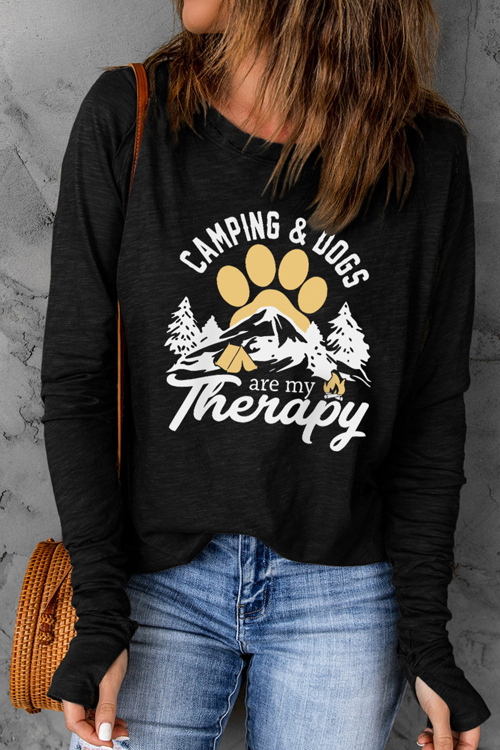 Black CAMPING & DOGS Are My Therapy Graphic Long Sleeve Tee