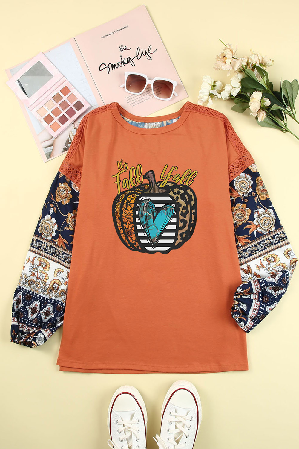 Brown Fall Pumpkin Boho Balloon Sleeve Graphic Top