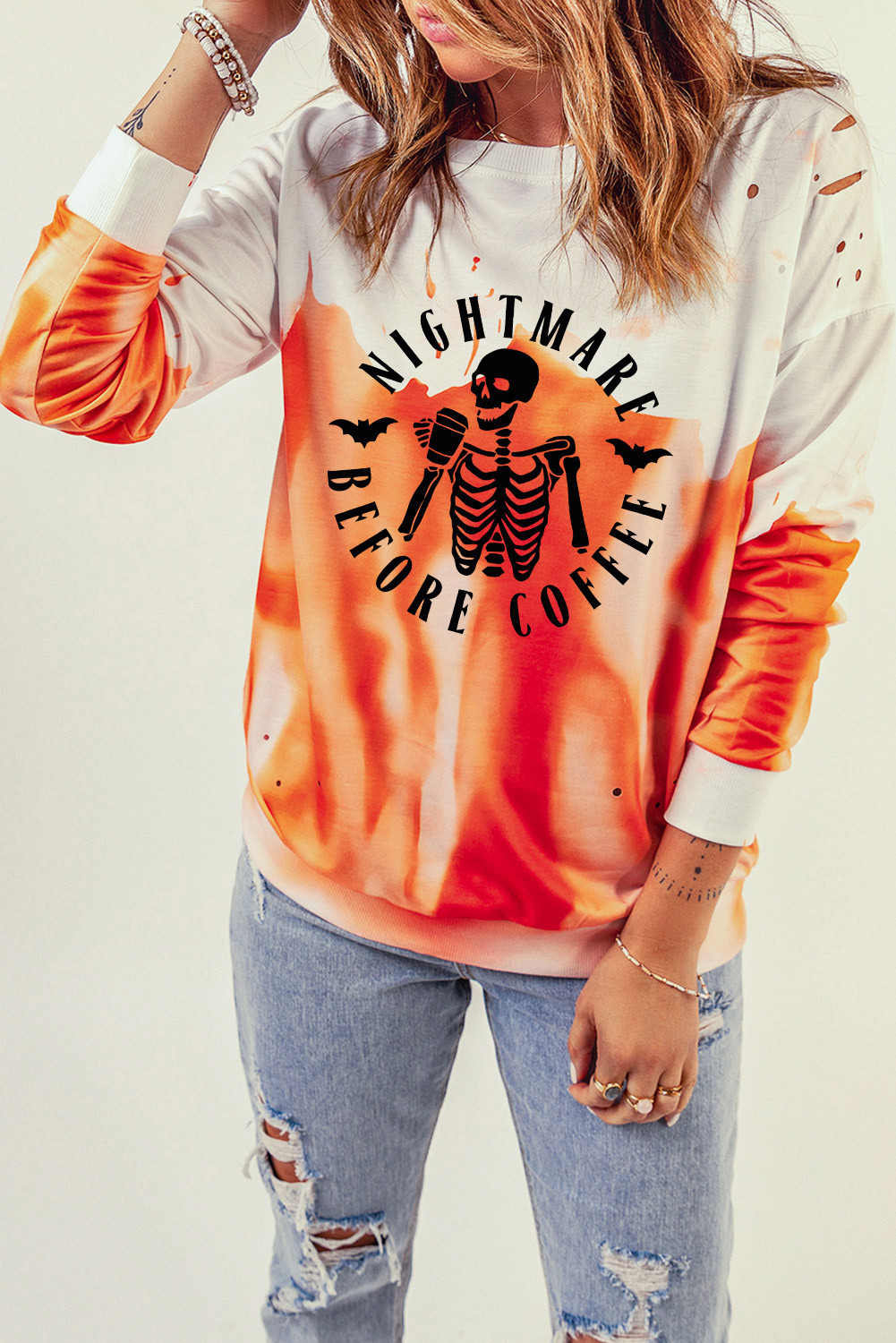 Orange Skeleton Slogan Tie Dye Print Ripped Sweatshirt