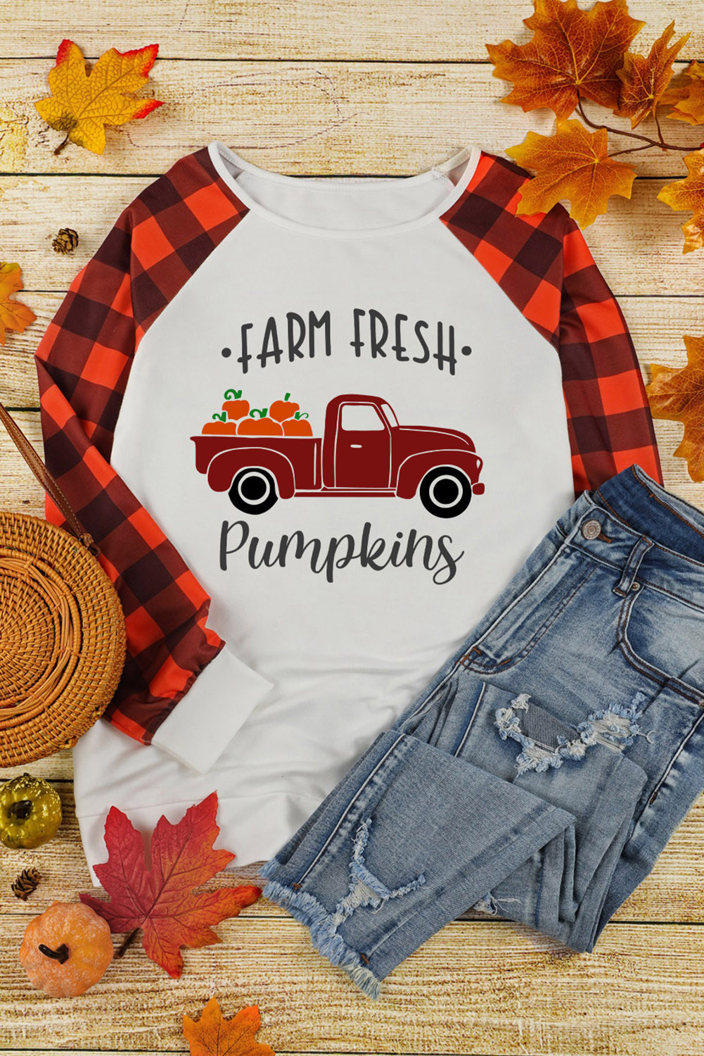 Orange Plaid Sleeve FARM FRESH Pumpkins Graphic Top