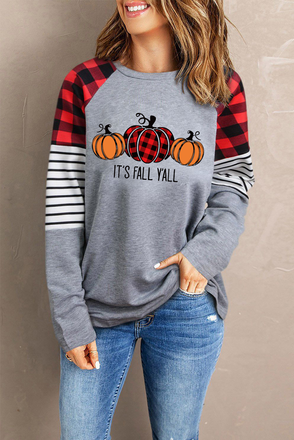 Gray Fall Cute Pumpkin Plaid Striped Sleeve Graphic Pullover