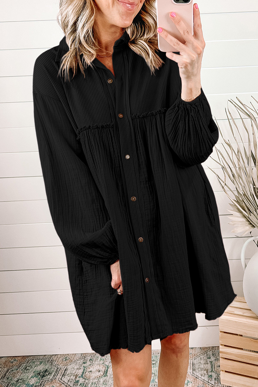 Black Ribbed and Crinkle Patchwork Puff Sleeve Shirt Dress