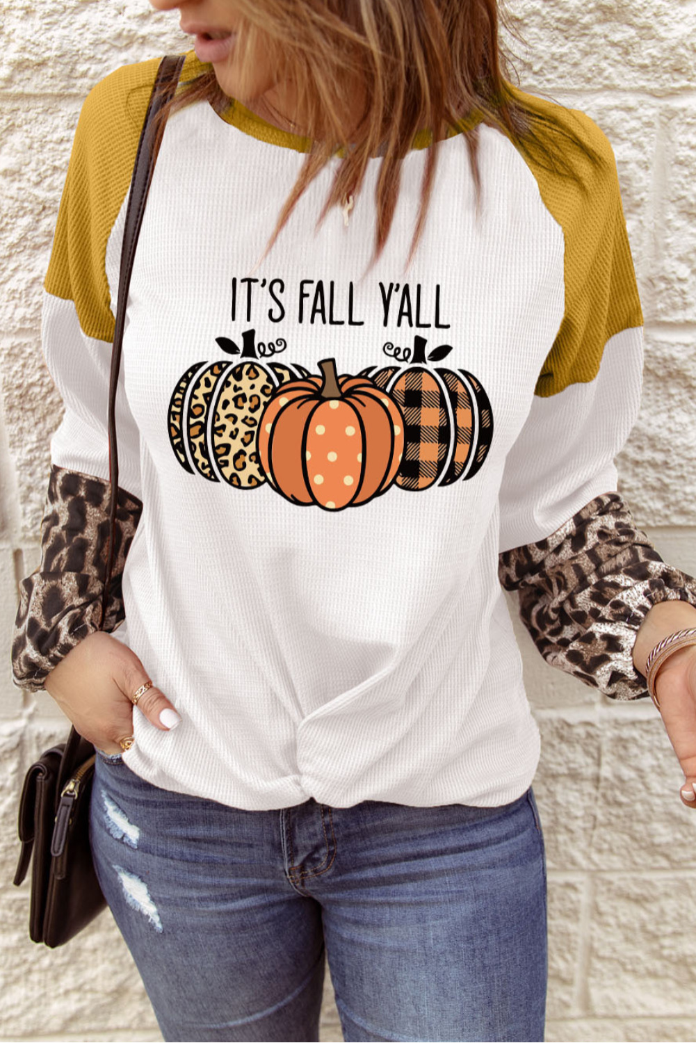 White Fall Pumpkin Leopard Color Block Sleeve Graphic Top