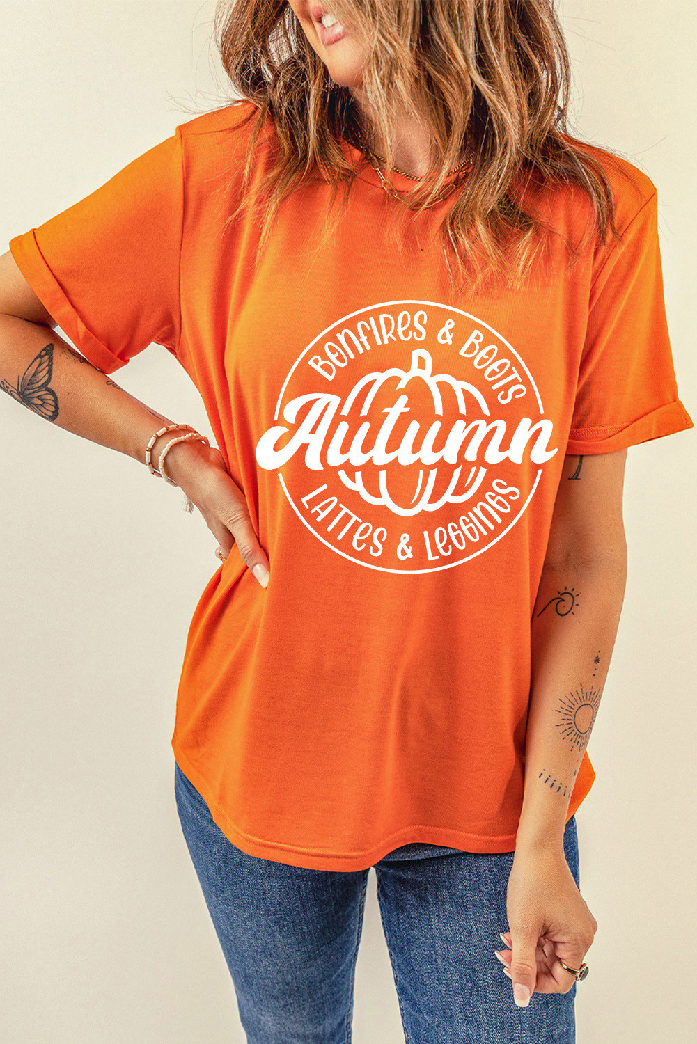 Orange Autumn Pumpkin Print Crewneck Graphic T Shirt