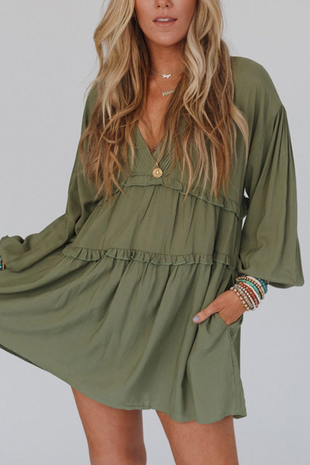 Green Deep V Neck Lantern Sleeve Frill Tiered Mini Dress
