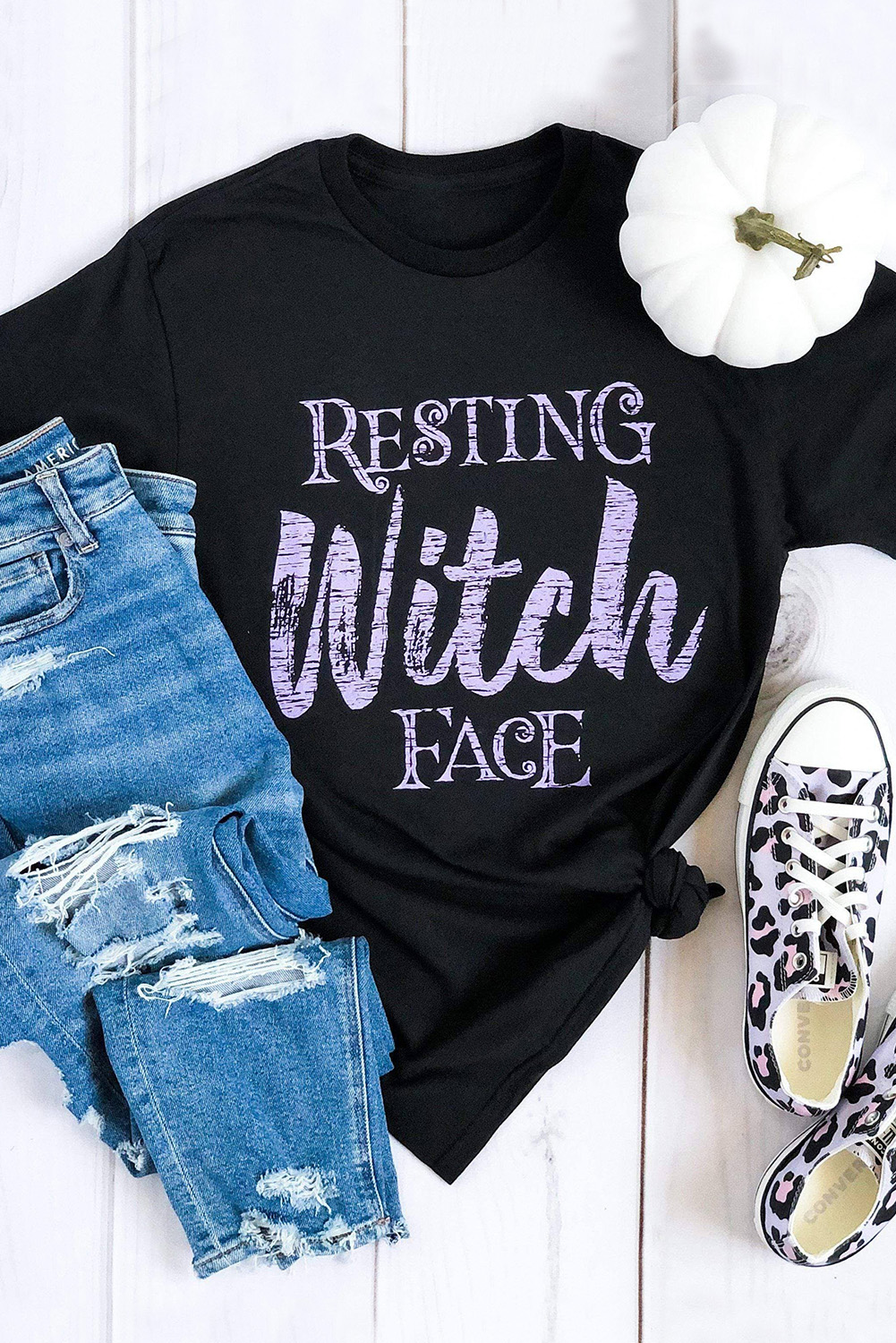 Shewin Wholesale Chic LADY Black Witch Casual Letter Print Graphic Tee