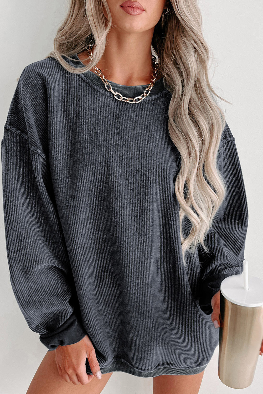 Shewin Wholesale Western Clothing  Plain Gray Solid Ribbed Knit Round Neck Pullover Sweatshirt