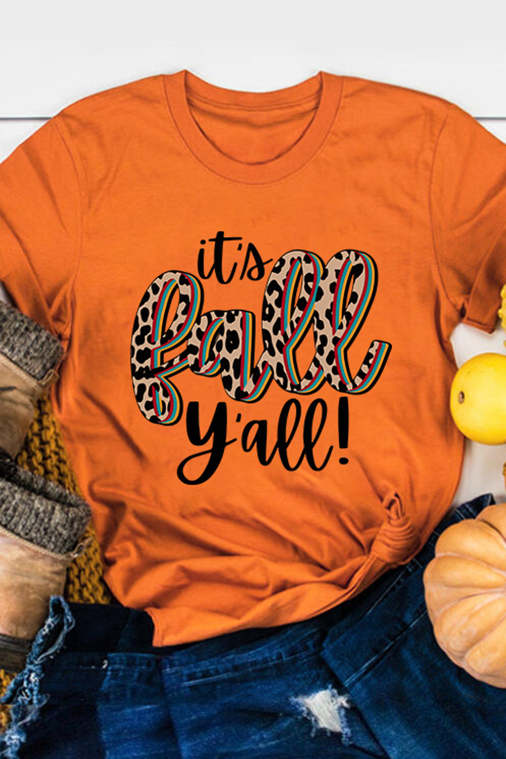 Orange Casual Its Fall Yall Animal Print Graphic T Shirt
