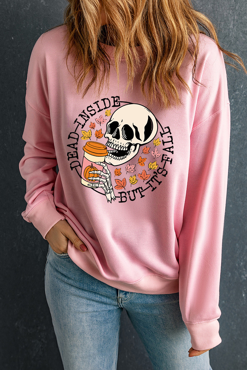 Shewin Wholesale Pink SKULL Slogan Print Crew Neck Graphic Sweatshirt