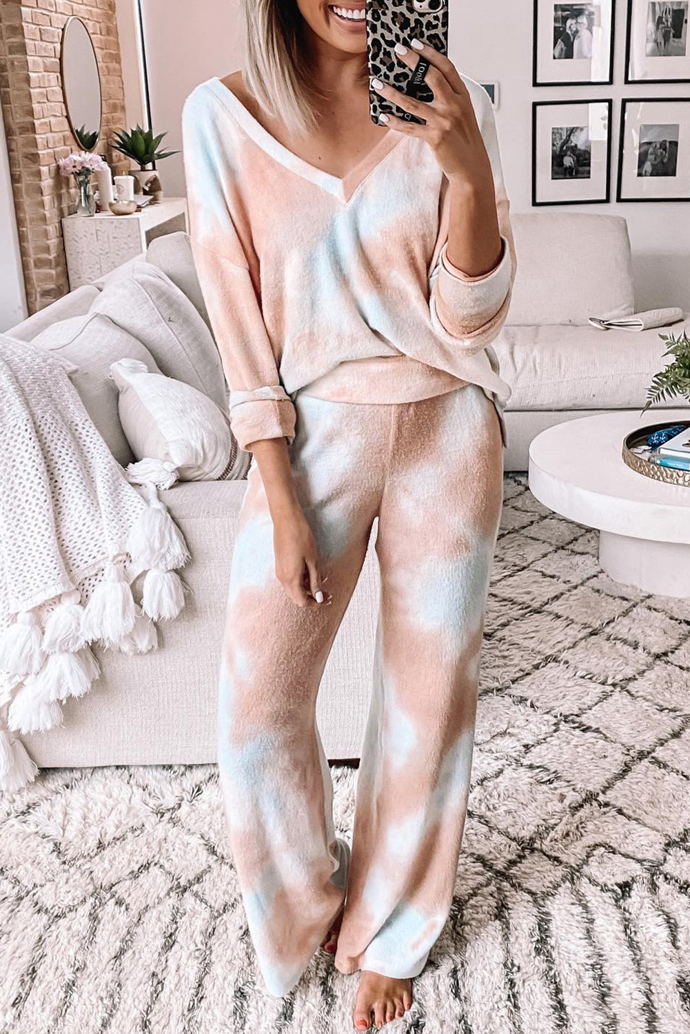 Multicolor Tie Dye Print V Neck High Waist Loungewear Set